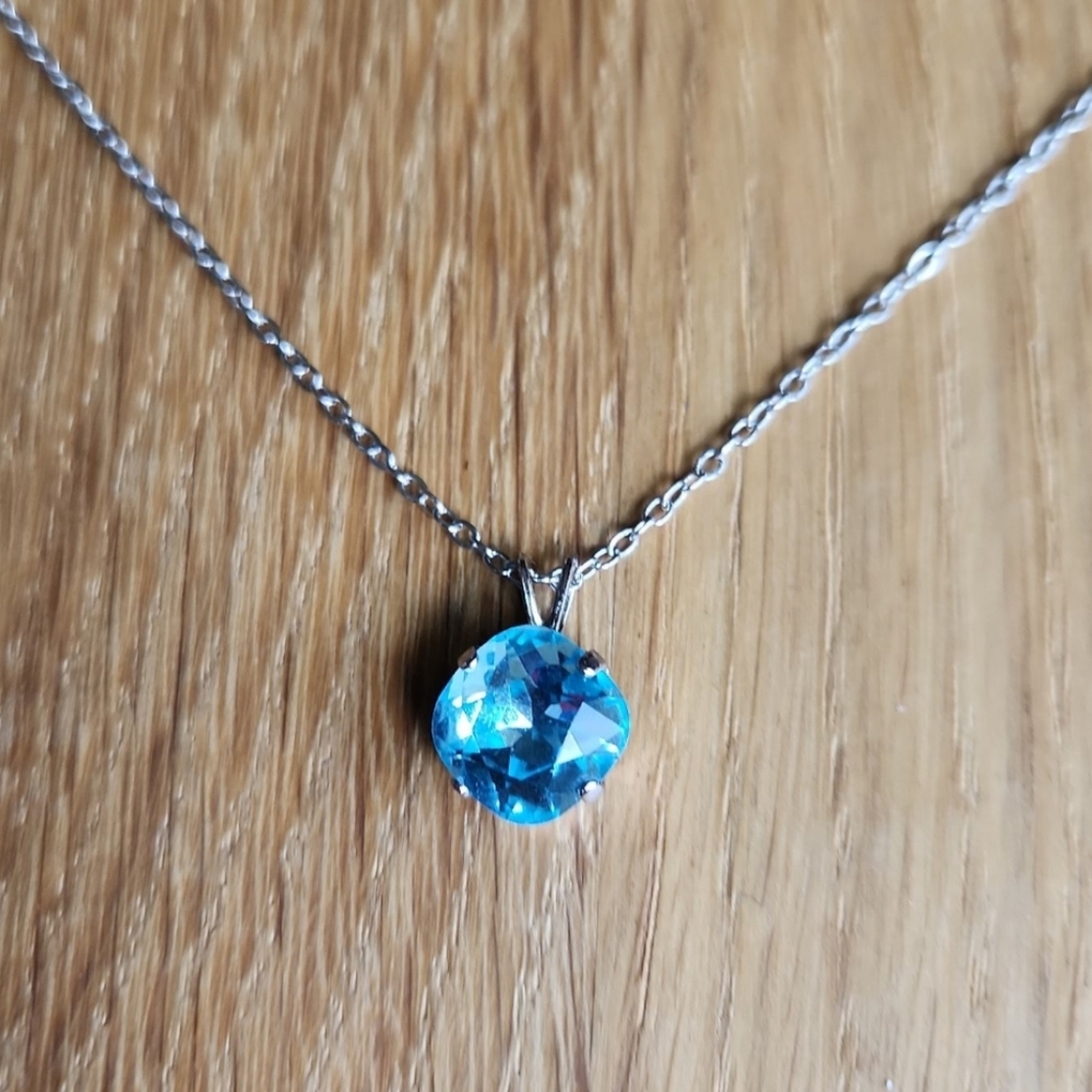 Silver Chain Necklace, Blue Crystal Pendant, Hand Crafted - Picture 6 of 9